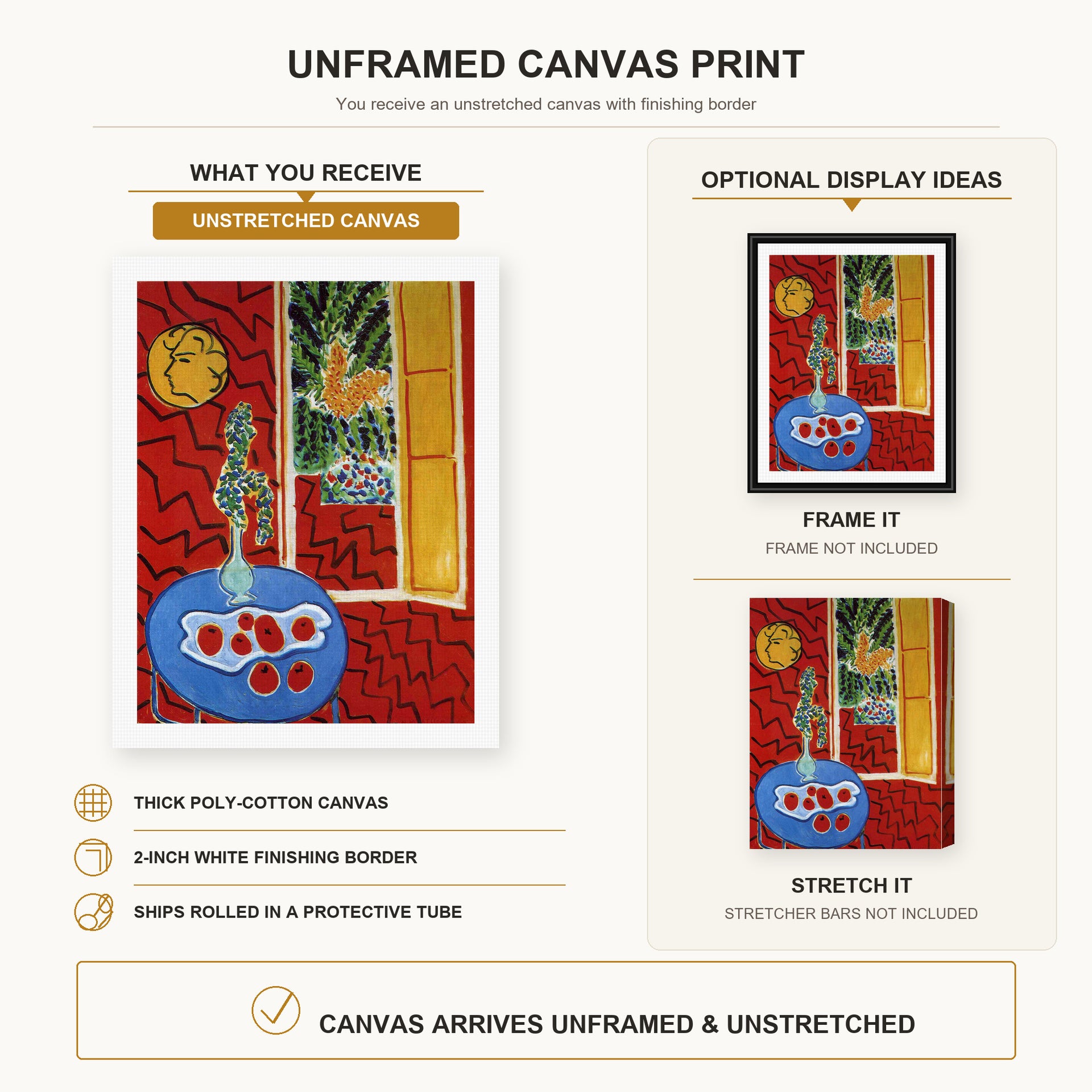 Henri Matisse - Red Interior Still Life on a Blue Table canvas print size comparison and framing display infographic