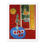 Henri Matisse's Red Interior Still Life on a Blue Table painting reproduced as a rolled canvas print