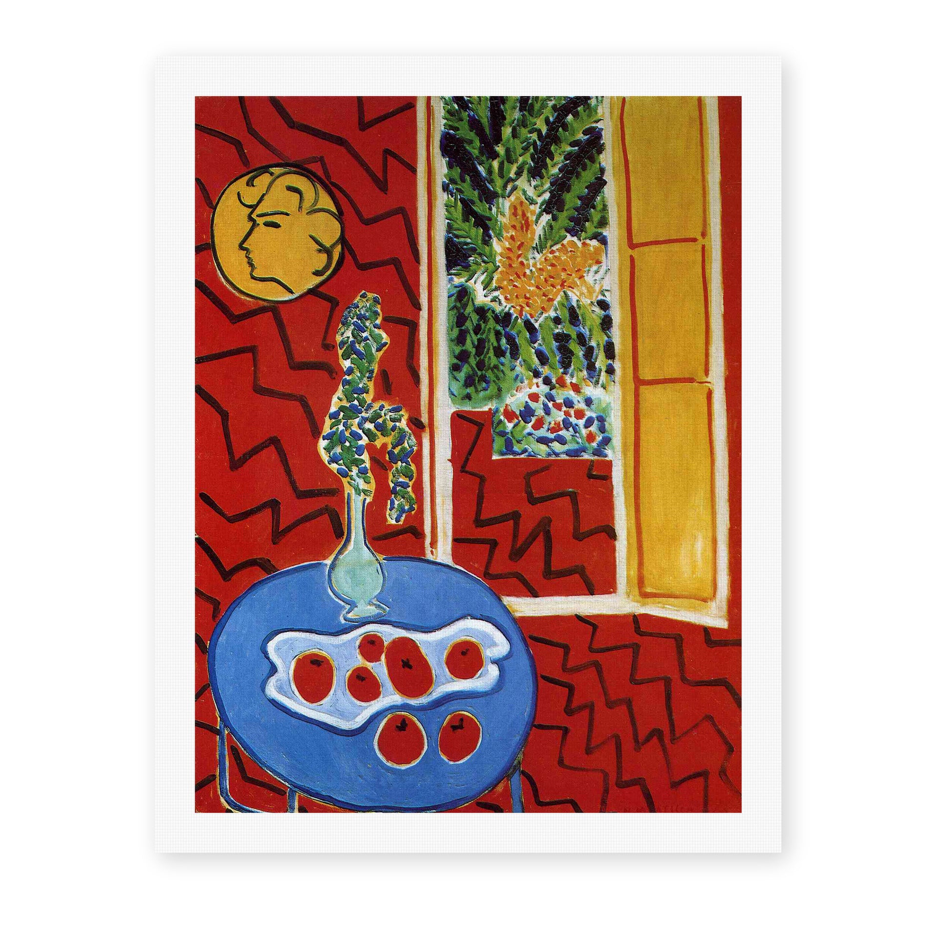 Henri Matisse's Red Interior Still Life on a Blue Table painting reproduced as a rolled canvas print