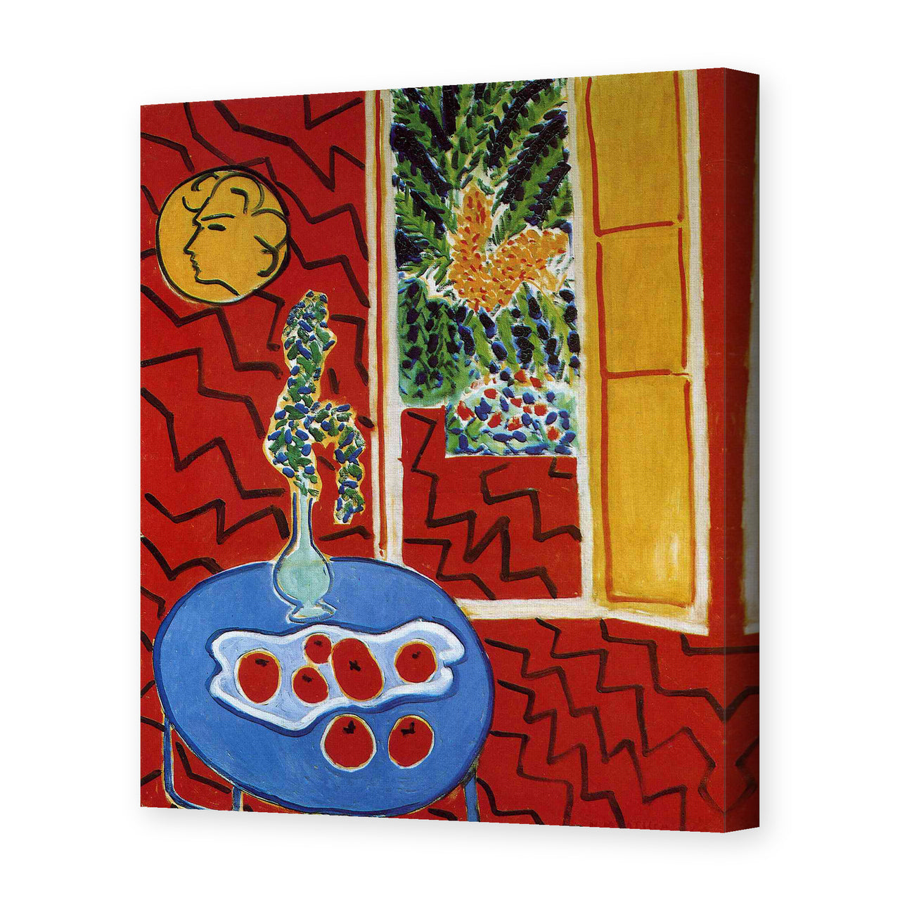 Henri Matisse's Red Interior Still Life on a Blue Table painting reproduced as a gallery-wrapped canvas print