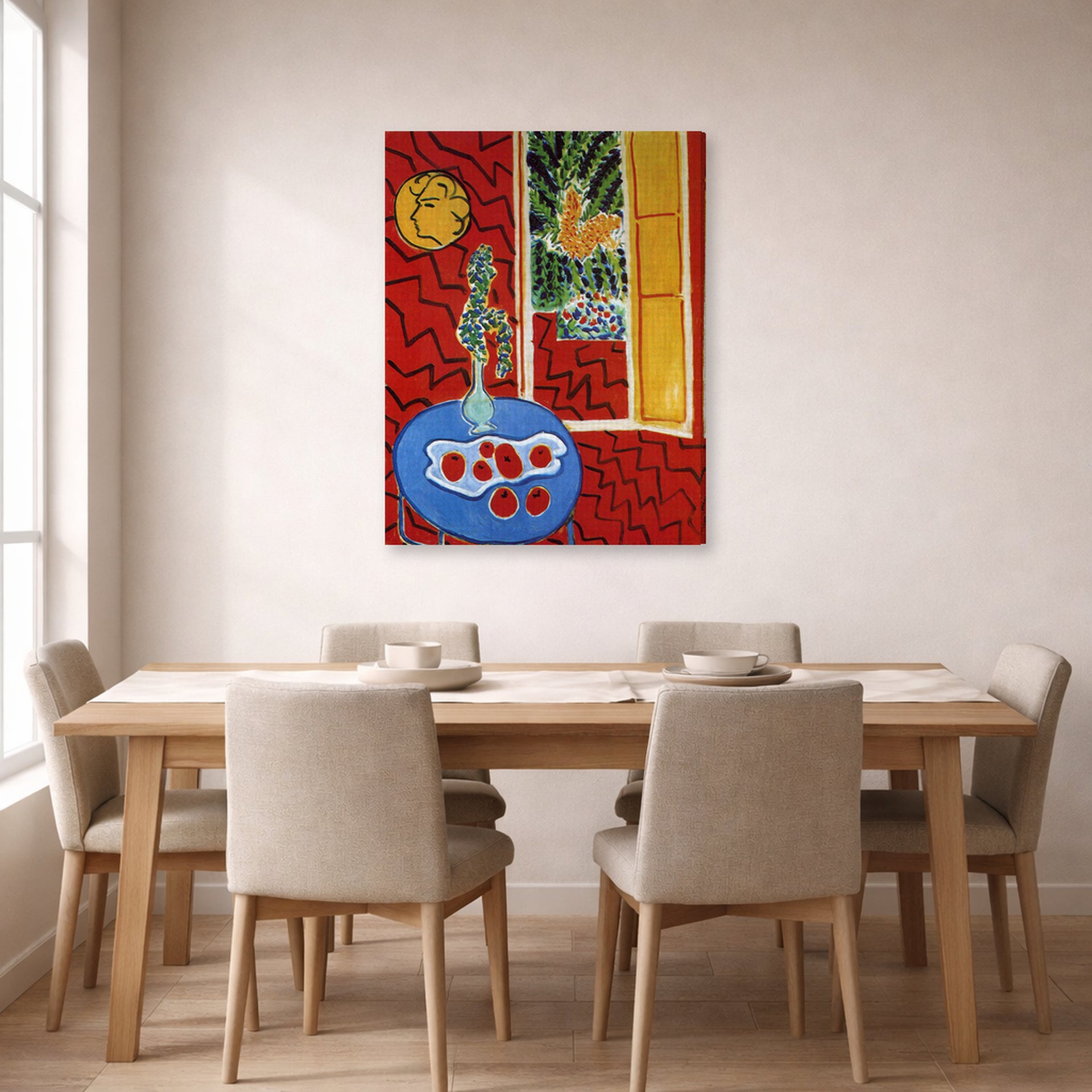 Gallery-wrapped canvas print of Henri Matisse's Red Interior Still Life on a Blue Table hanging on a dining room wall