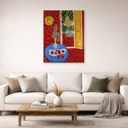 Gallery-wrapped canvas print of Henri Matisse's Red Interior Still Life on a Blue Table hanging in a living room, view 2