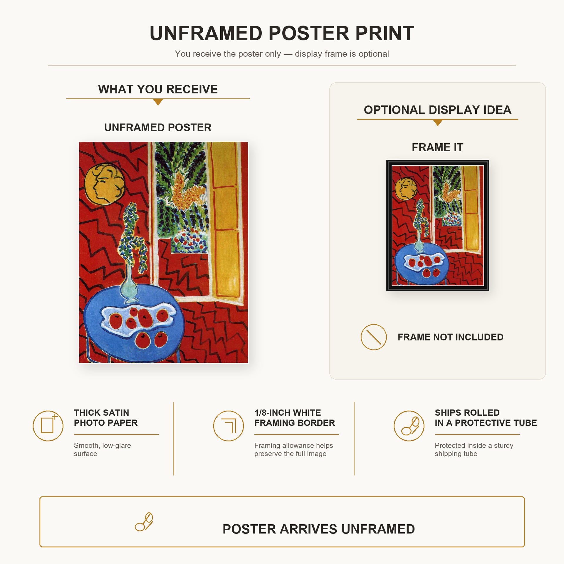 Henri Matisse - Red Interior Still Life on a Blue Table poster print size comparison display infographic