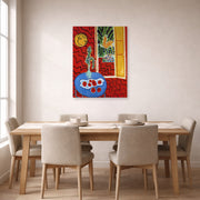 Unframed poster print of Henri Matisse's Red Interior Still Life on a Blue Table displayed on a dining room wall