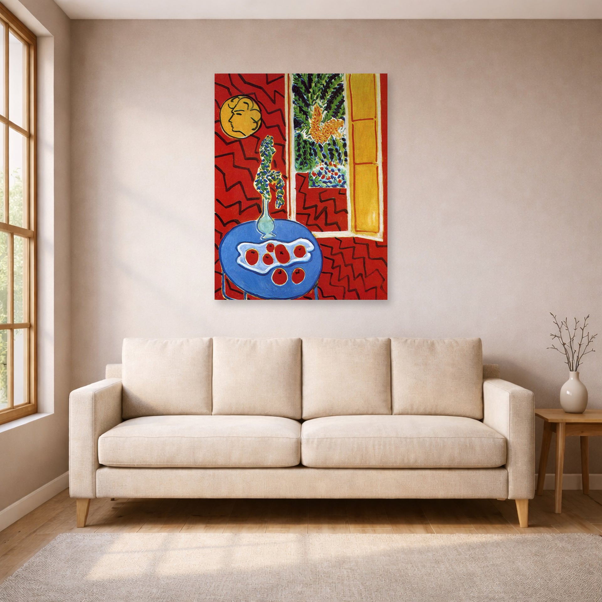 Unframed poster print of Henri Matisse's Red Interior Still Life on a Blue Table displayed in a living room, view 1