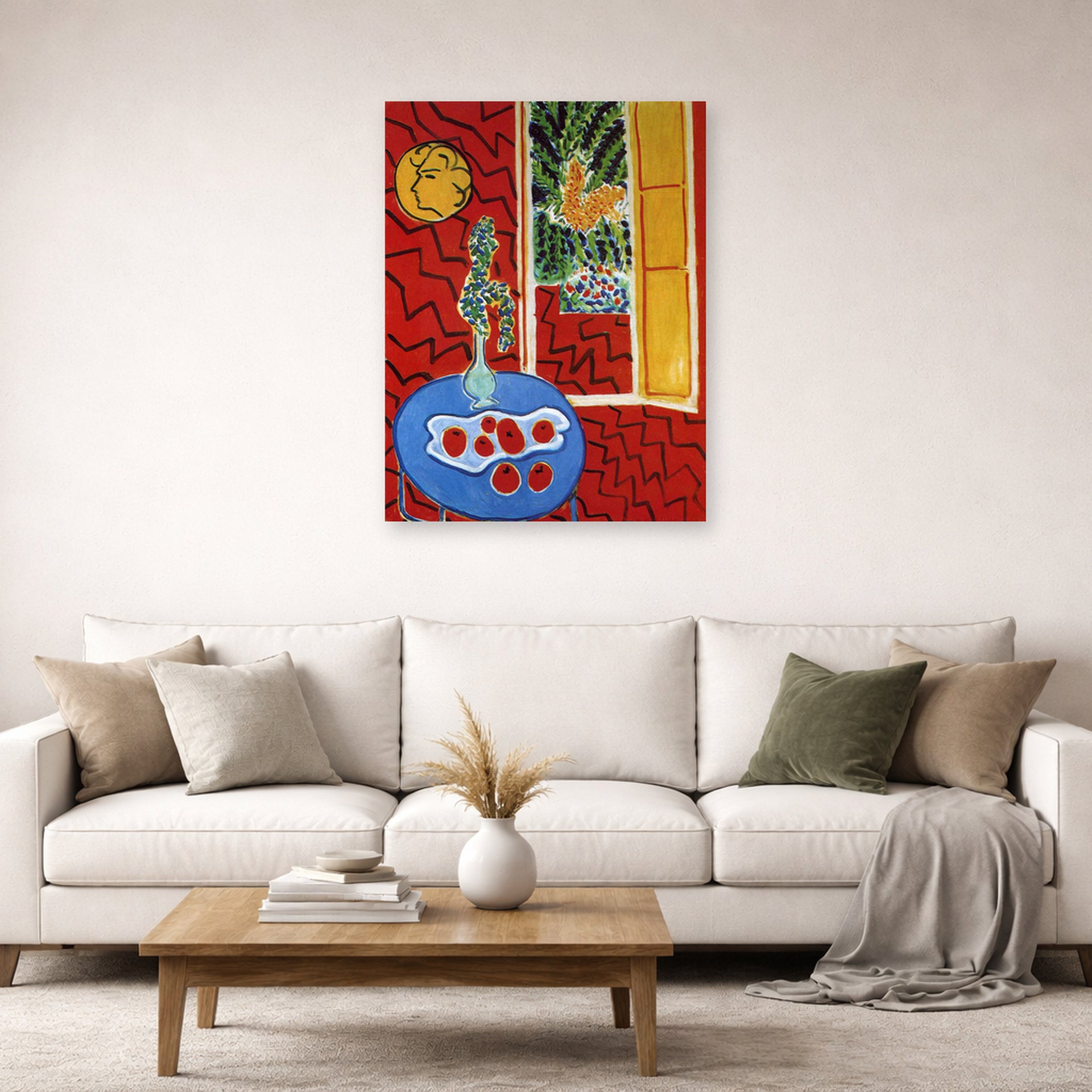 Unframed poster print of Henri Matisse's Red Interior Still Life on a Blue Table displayed in a living room, view 2
