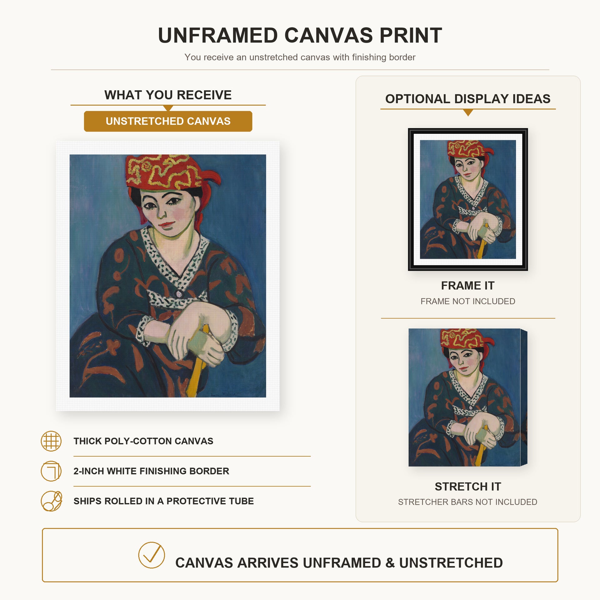 Henri Matisse - Red Madras Headdress canvas print size comparison and framing display infographic