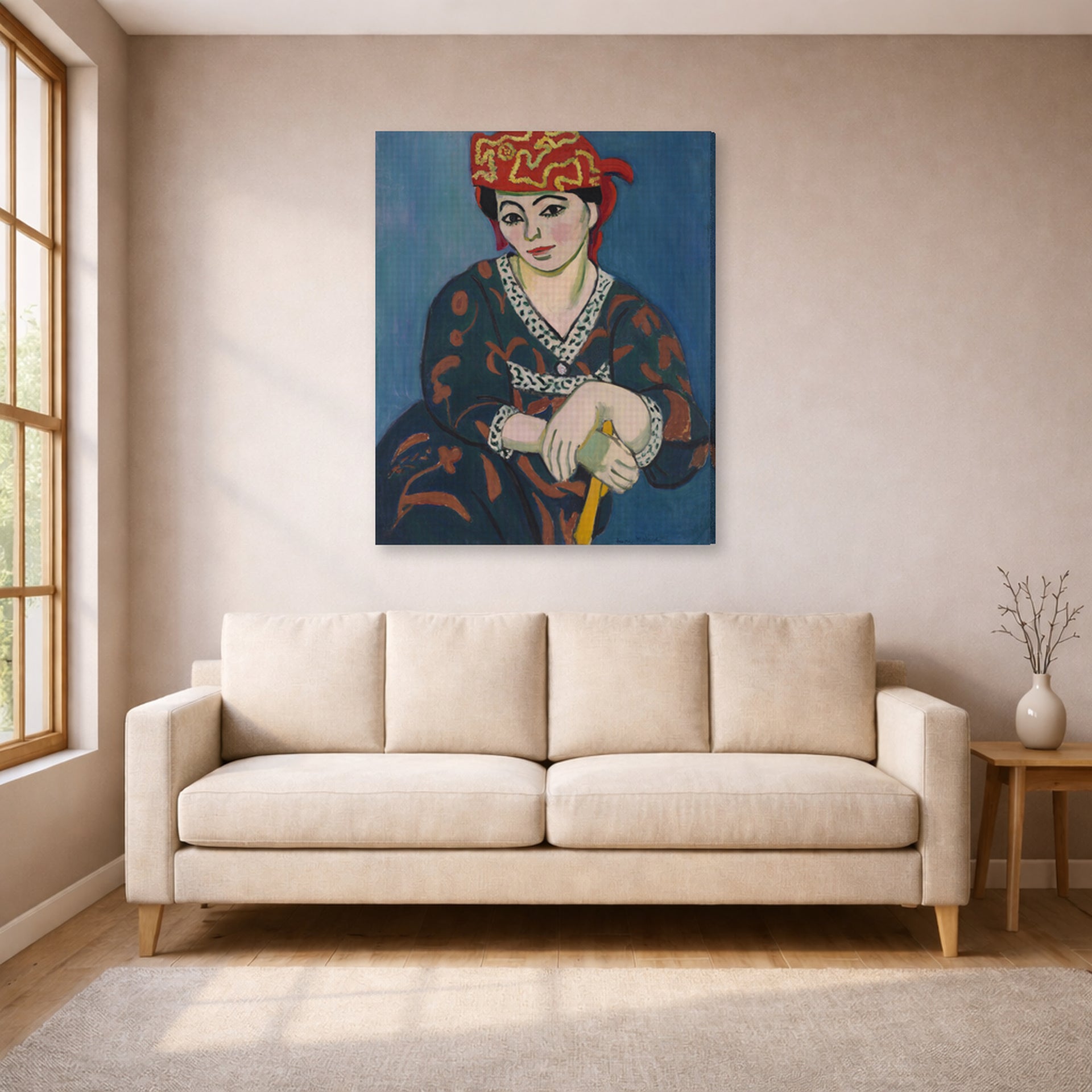 Gallery-wrapped canvas print of Henri Matisse's Red Madras Headdress hanging in a living room, view 1