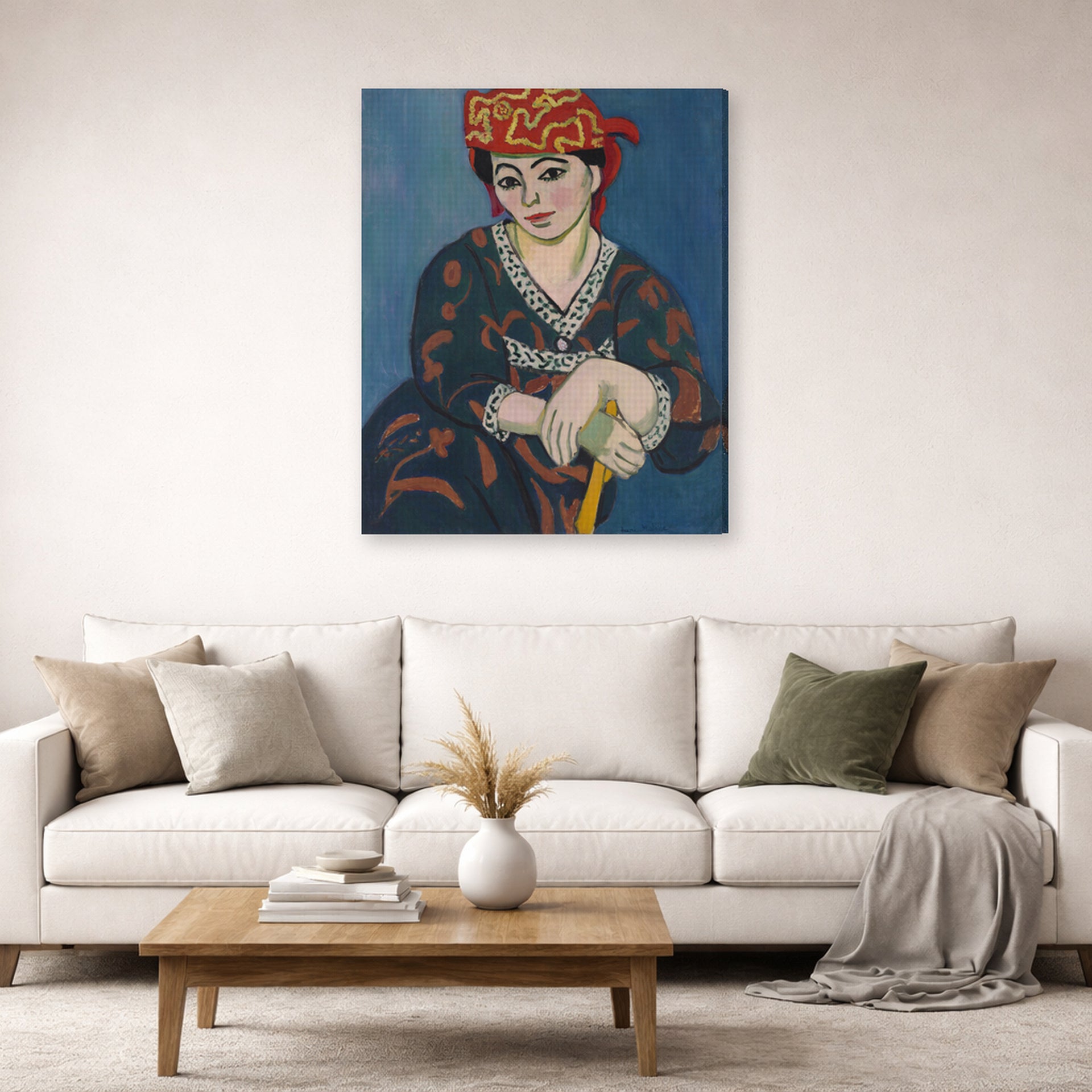 Gallery-wrapped canvas print of Henri Matisse's Red Madras Headdress hanging in a living room, view 2