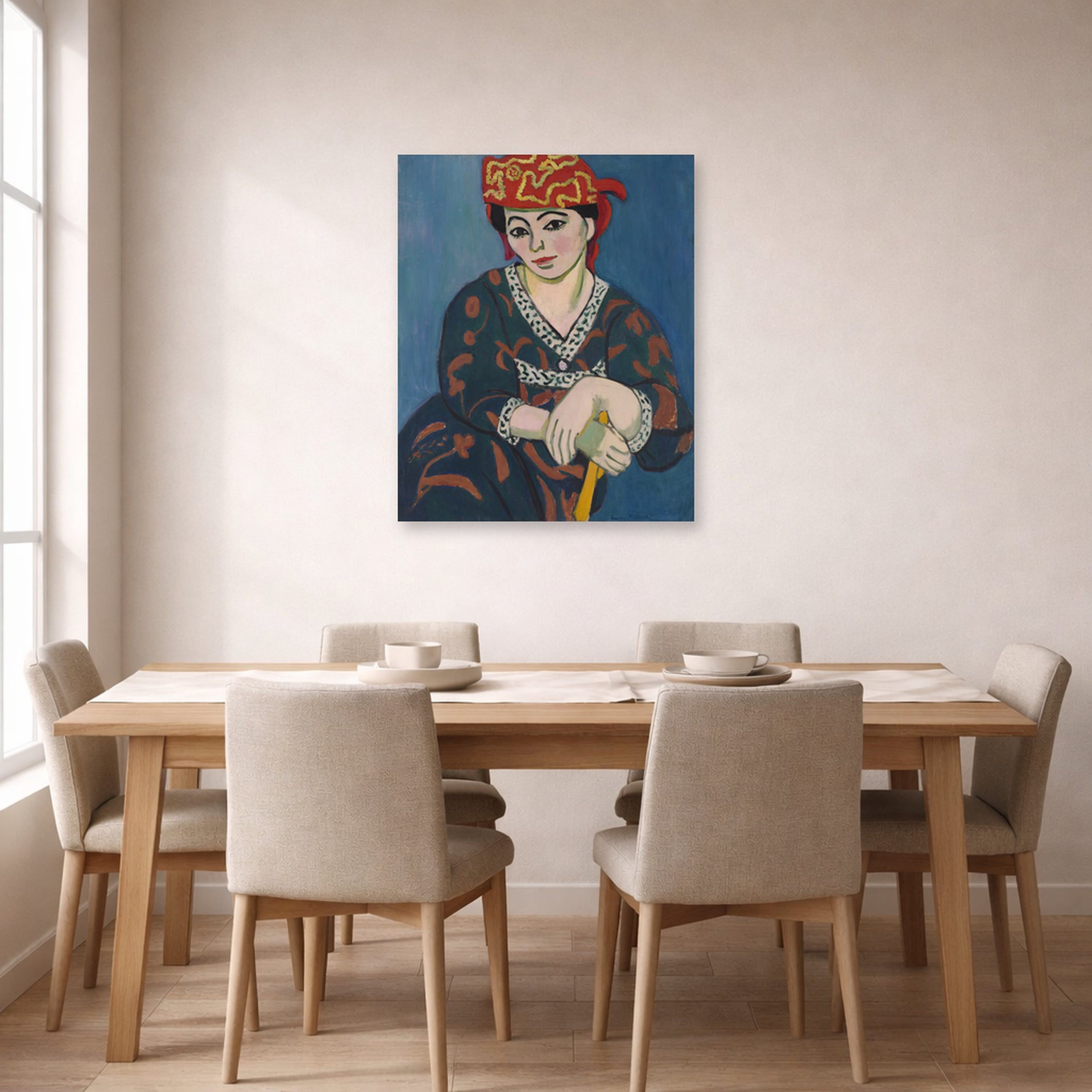 Unframed poster print of Henri Matisse's Red Madras Headdress displayed on a dining room wall