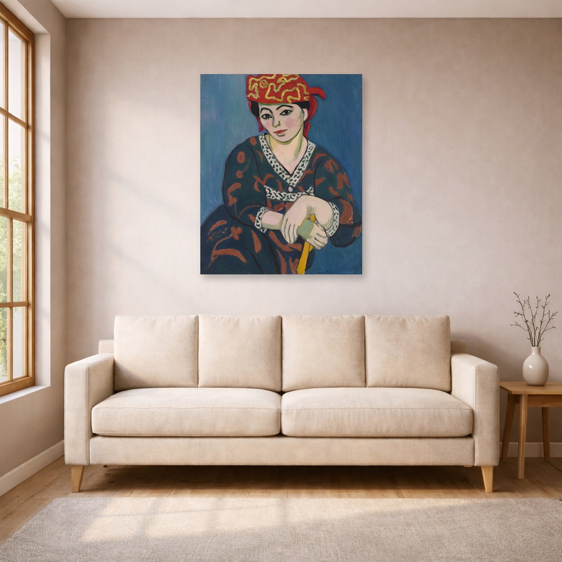 Unframed poster print of Henri Matisse's Red Madras Headdress displayed in a living room, view 1