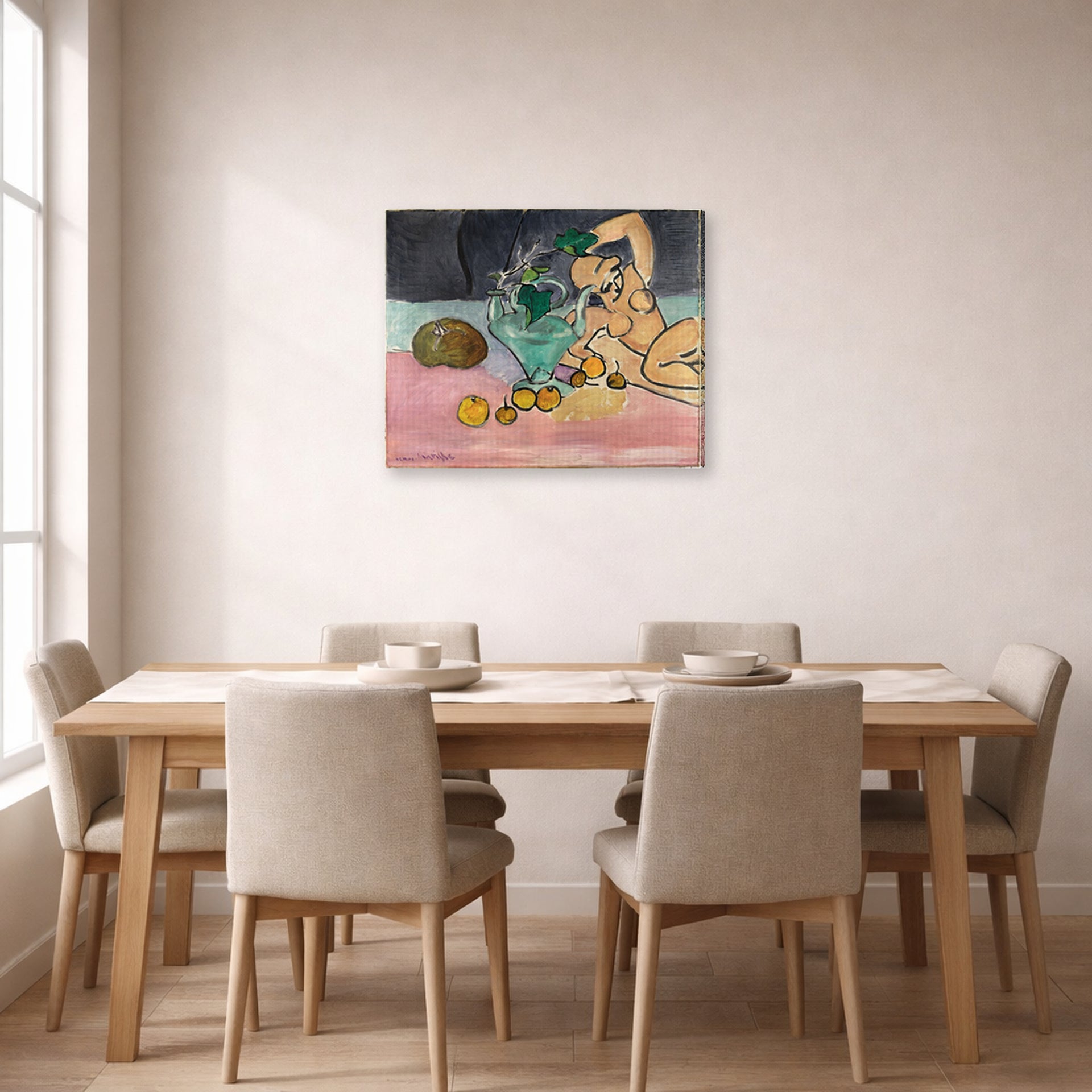 Gallery-wrapped canvas print of Henri Matisse's Sculpture and Vase with Ivy hanging on a dining room wall