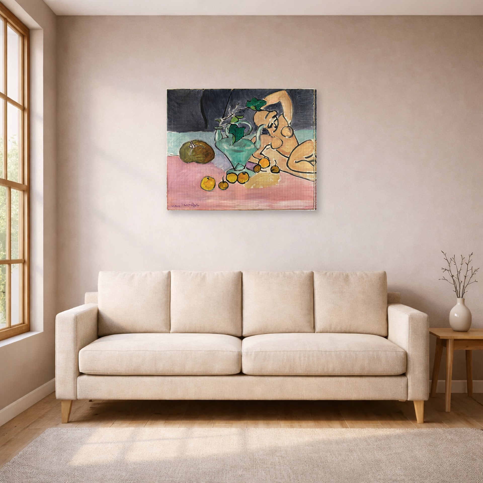 Gallery-wrapped canvas print of Henri Matisse's Sculpture and Vase with Ivy hanging in a living room, view 1
