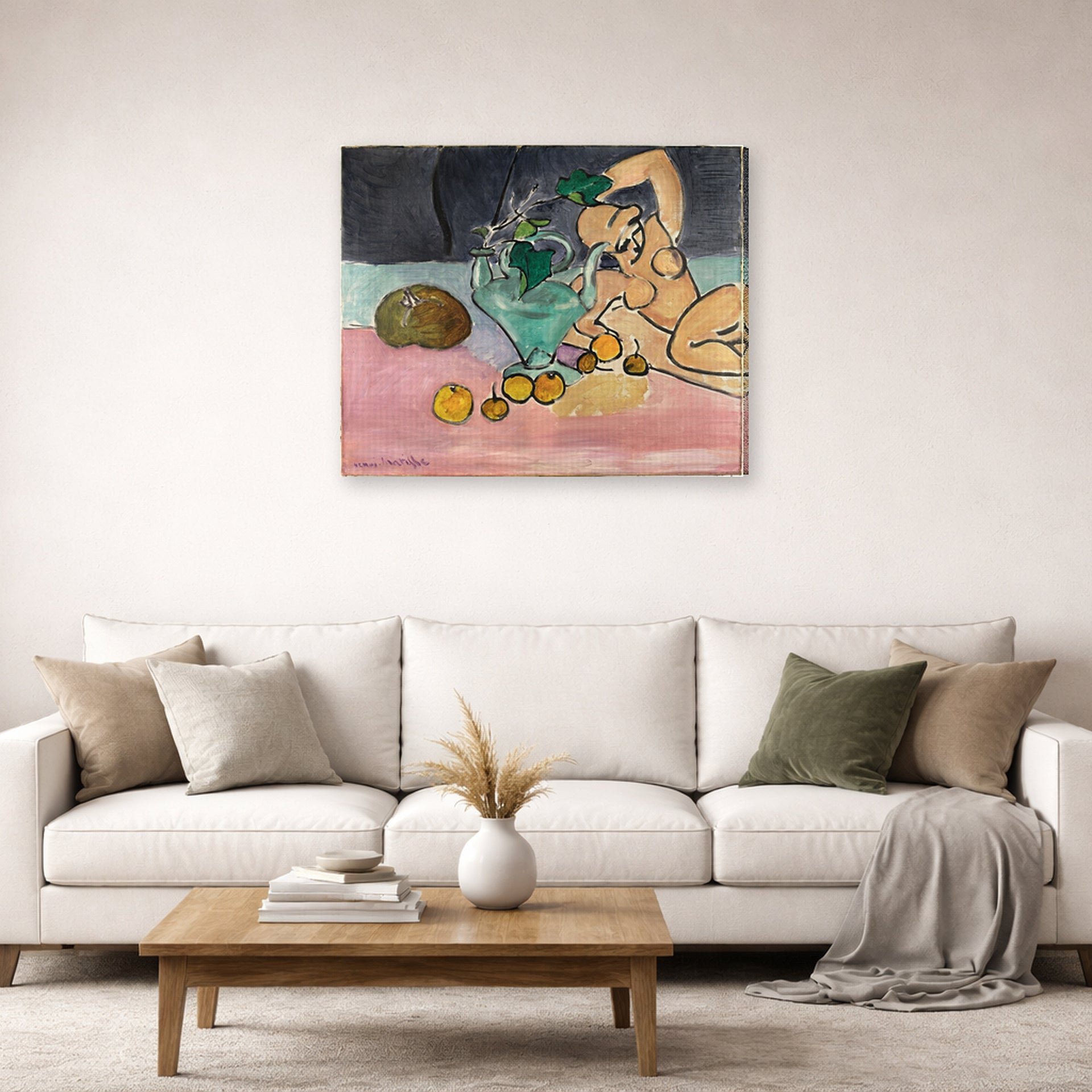 Gallery-wrapped canvas print of Henri Matisse's Sculpture and Vase with Ivy hanging in a living room, view 2
