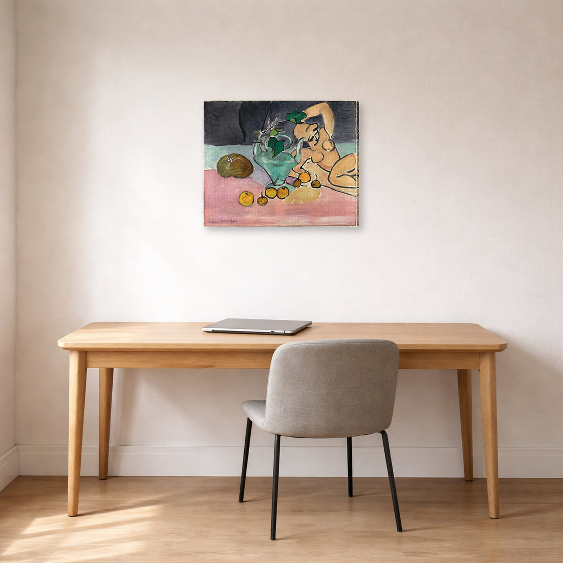 Gallery-wrapped canvas print of Henri Matisse's Sculpture and Vase with Ivy hanging in a home office