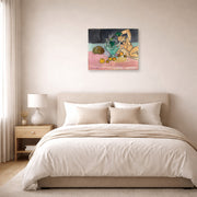 Unframed poster print of Henri Matisse's Sculpture and Vase with Ivy displayed above a bed in a bedroom