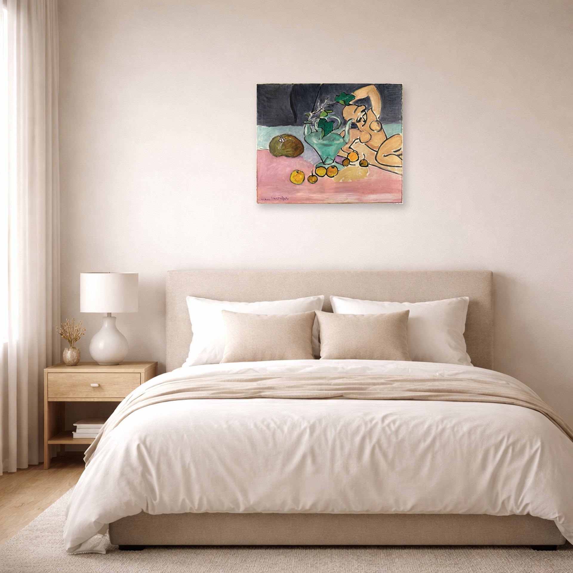 Unframed poster print of Henri Matisse's Sculpture and Vase with Ivy displayed above a bed in a bedroom