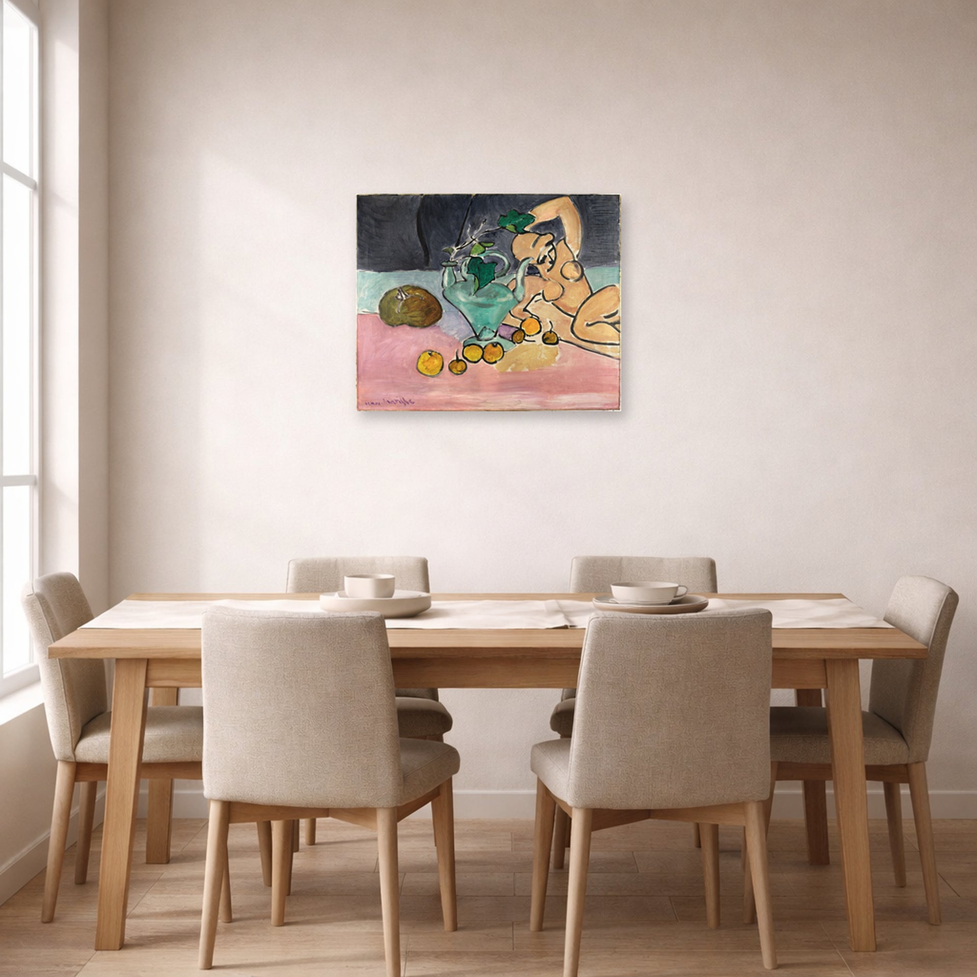 Unframed poster print of Henri Matisse's Sculpture and Vase with Ivy displayed on a dining room wall