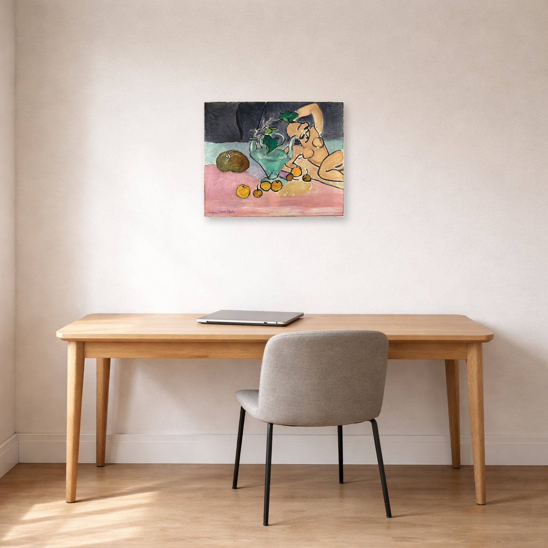 Unframed poster print of Henri Matisse's Sculpture and Vase with Ivy displayed in a home office