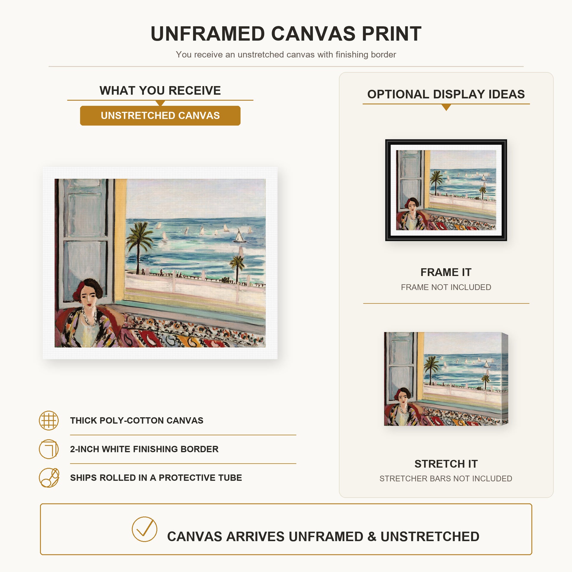 Henri Matisse - Seated Woman Back Turned to the Open Window canvas print size comparison and framing display infographic