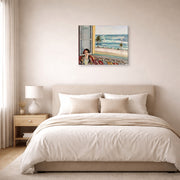 Gallery-wrapped canvas print of Henri Matisse's Seated Woman Back Turned to the Open Window hanging above a bed in a bedroom