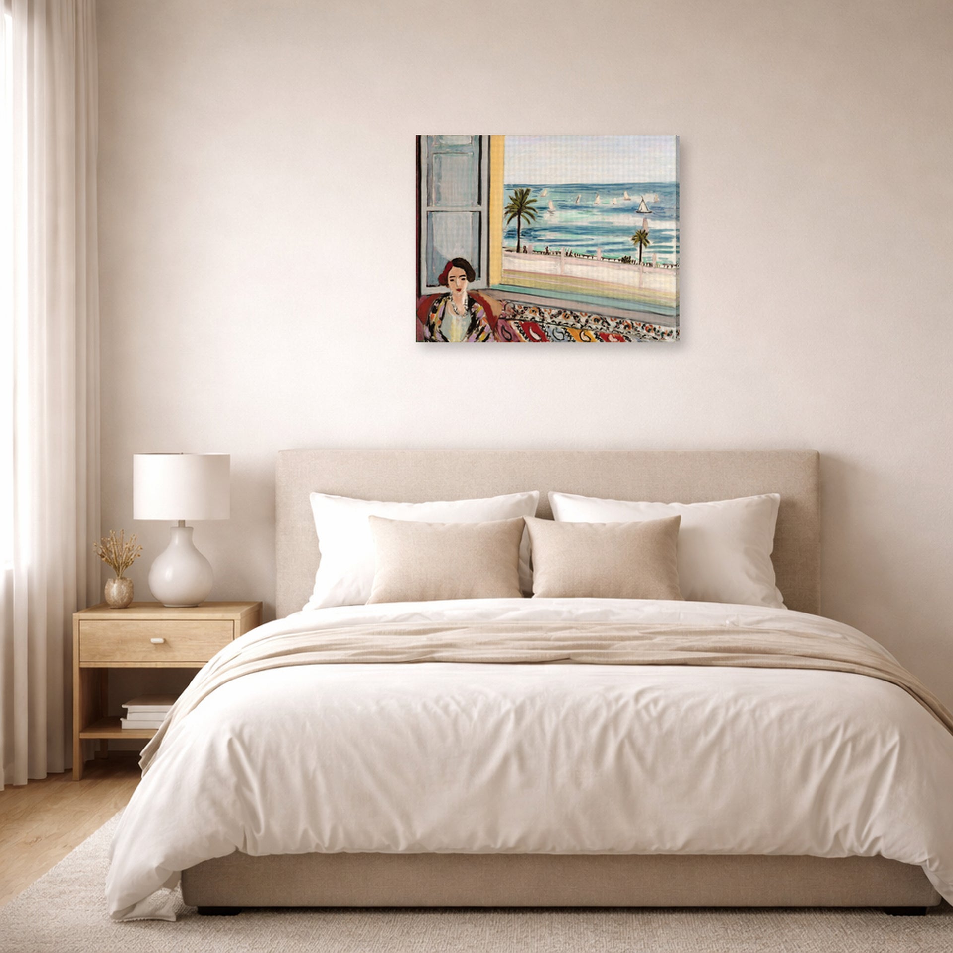 Gallery-wrapped canvas print of Henri Matisse's Seated Woman Back Turned to the Open Window hanging above a bed in a bedroom