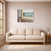 Gallery-wrapped canvas print of Henri Matisse's Seated Woman Back Turned to the Open Window hanging in a living room, view 1