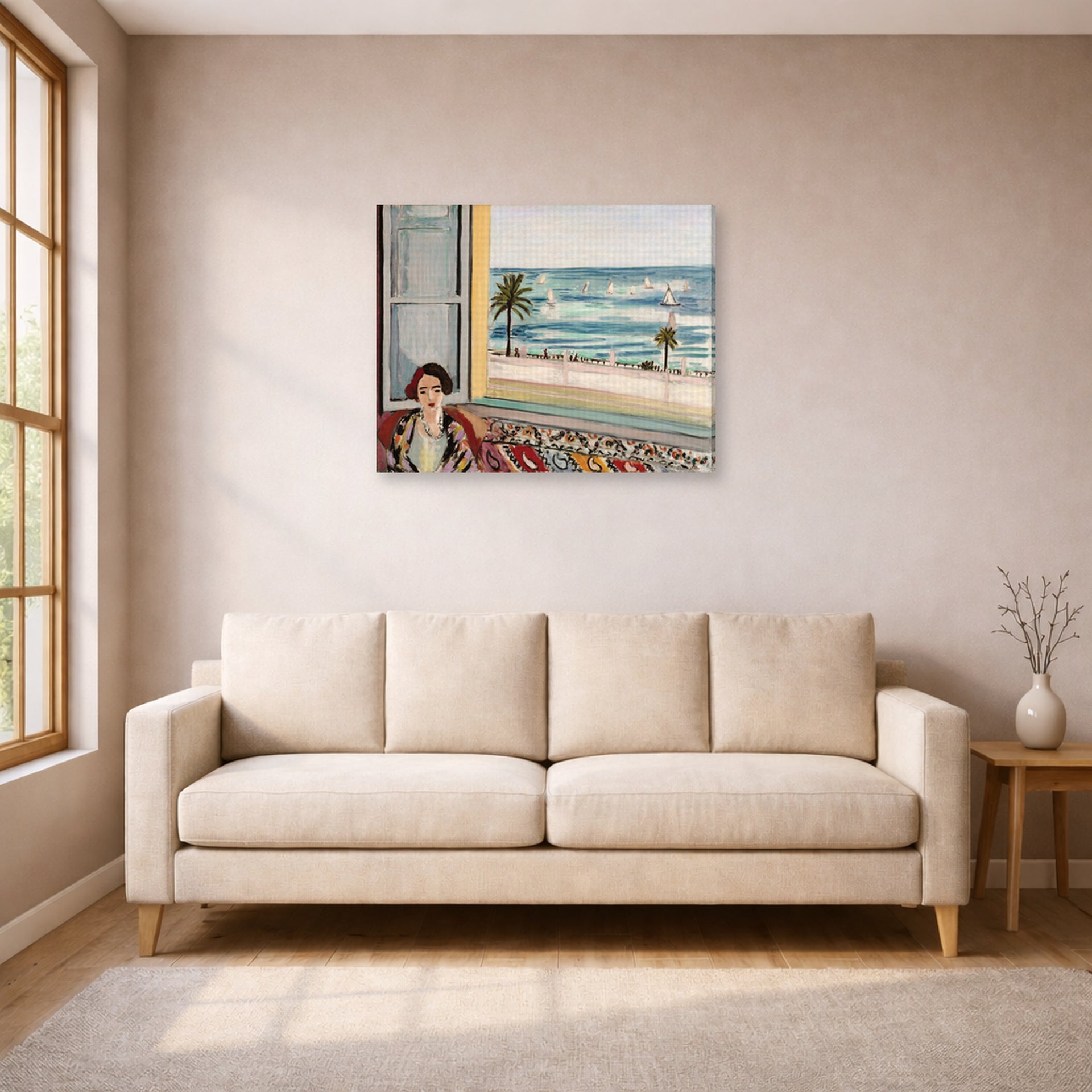 Gallery-wrapped canvas print of Henri Matisse's Seated Woman Back Turned to the Open Window hanging in a living room, view 1