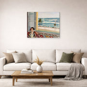 Gallery-wrapped canvas print of Henri Matisse's Seated Woman Back Turned to the Open Window hanging in a living room, view 2