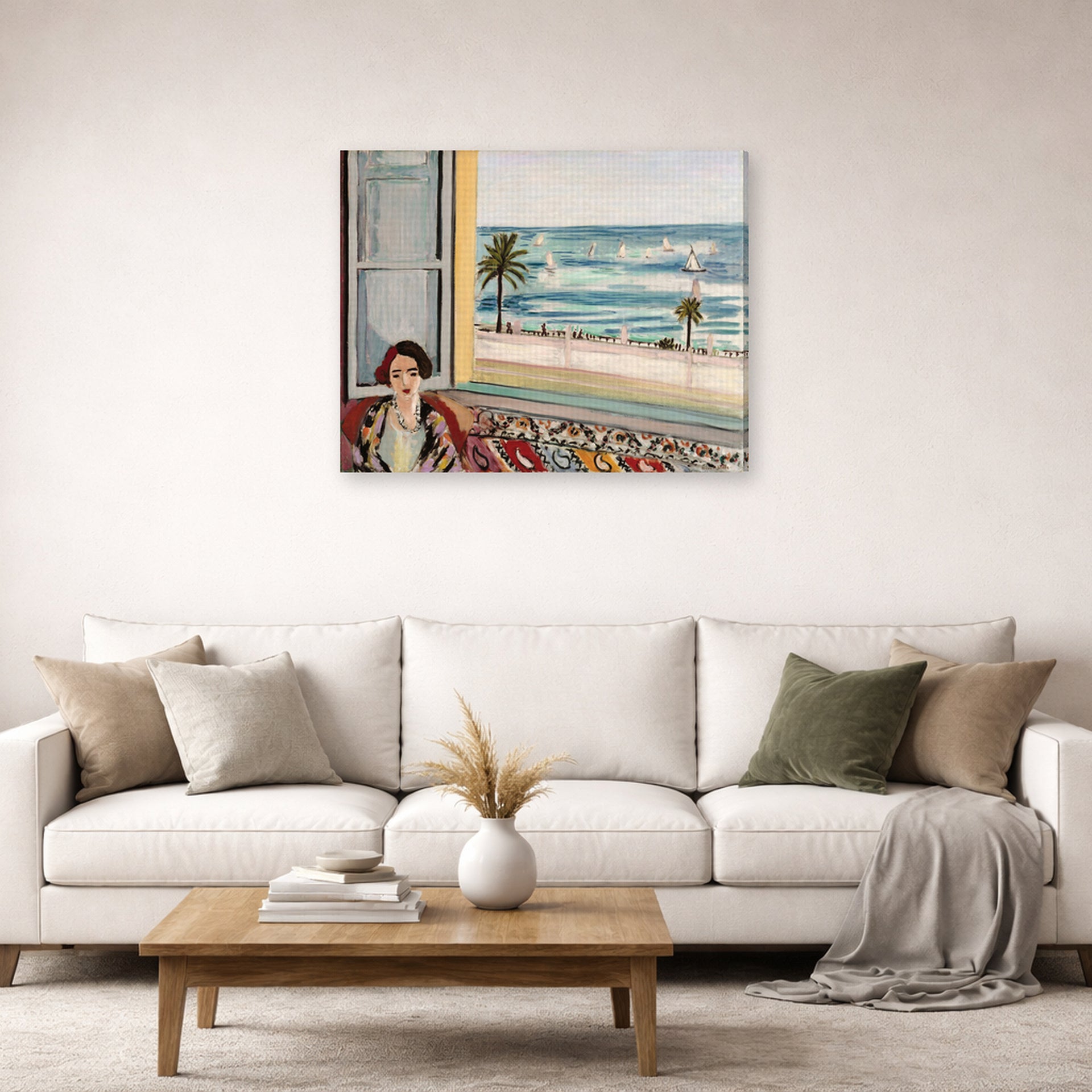 Gallery-wrapped canvas print of Henri Matisse's Seated Woman Back Turned to the Open Window hanging in a living room, view 2
