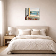 Unframed poster print of Henri Matisse's Seated Woman Back Turned to the Open Window displayed above a bed in a bedroom