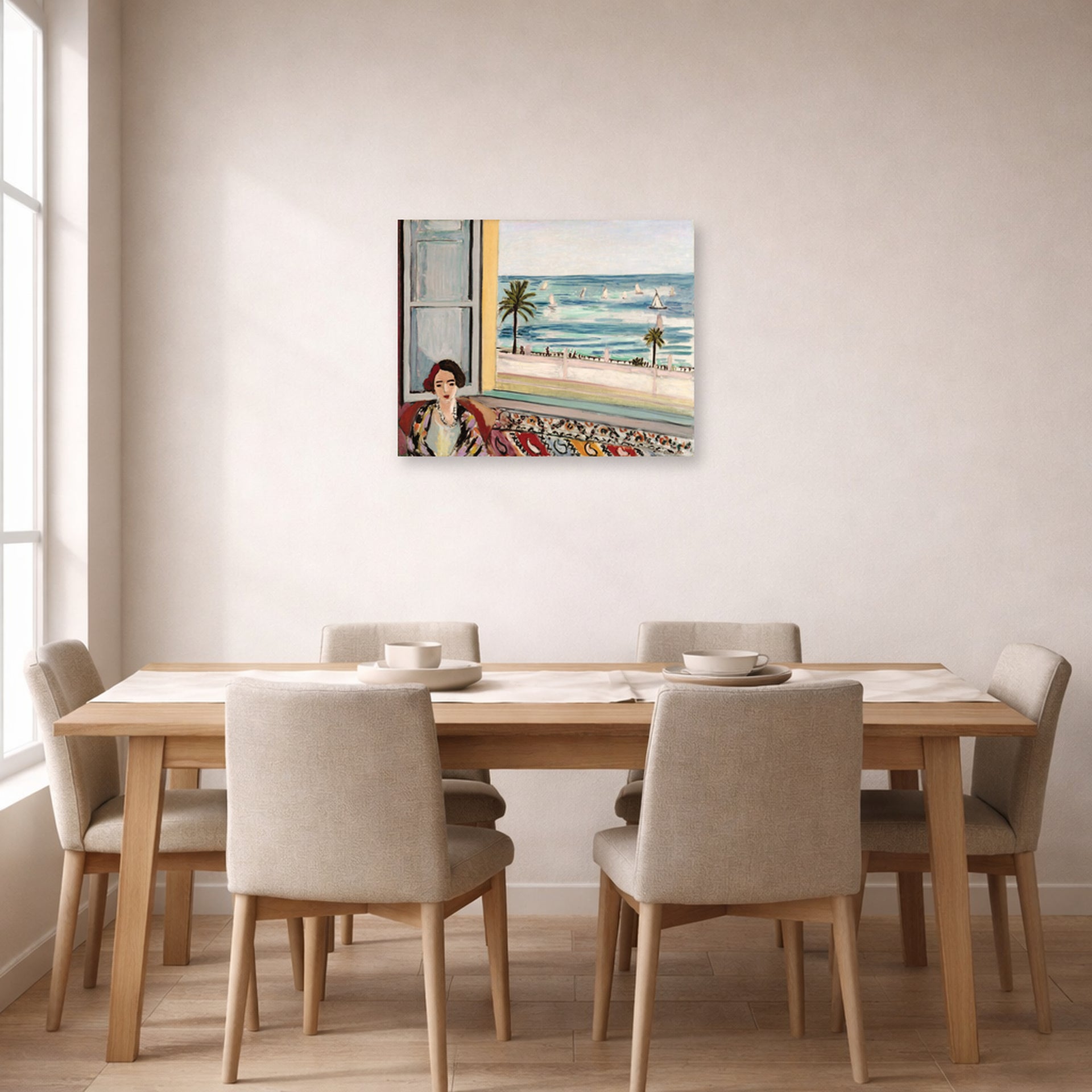 Unframed poster print of Henri Matisse's Seated Woman Back Turned to the Open Window displayed on a dining room wall