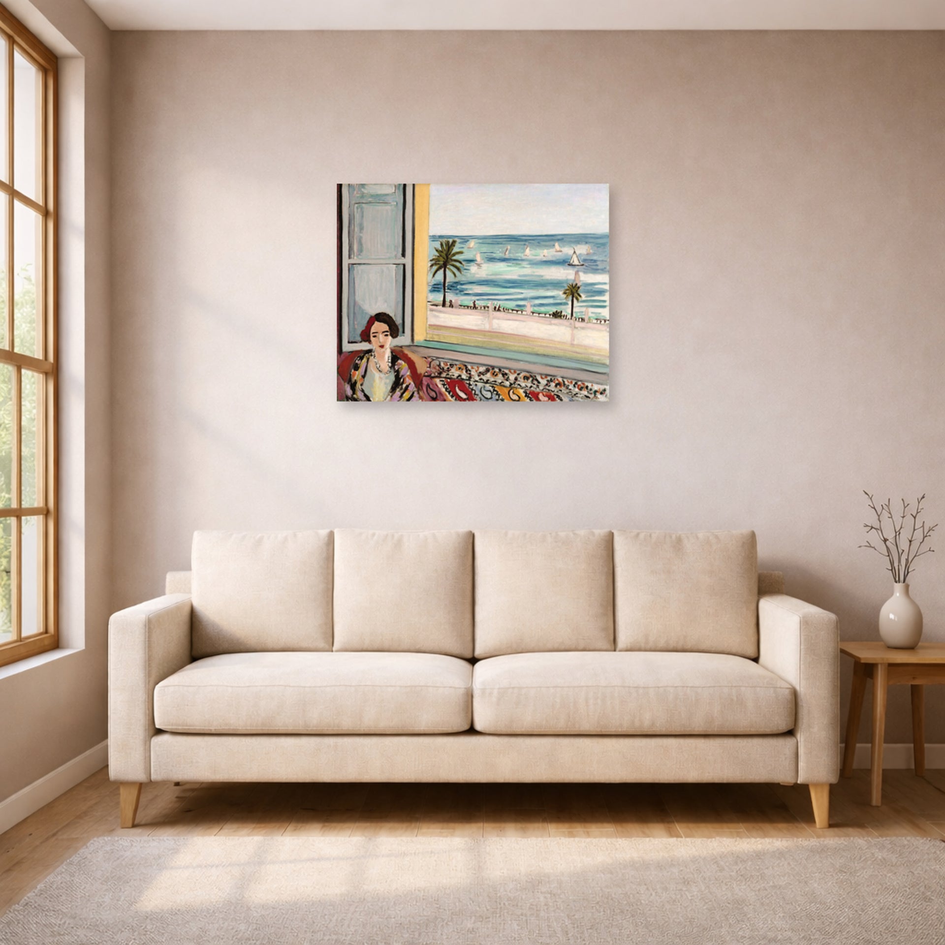 Unframed poster print of Henri Matisse's Seated Woman Back Turned to the Open Window displayed in a living room, view 1
