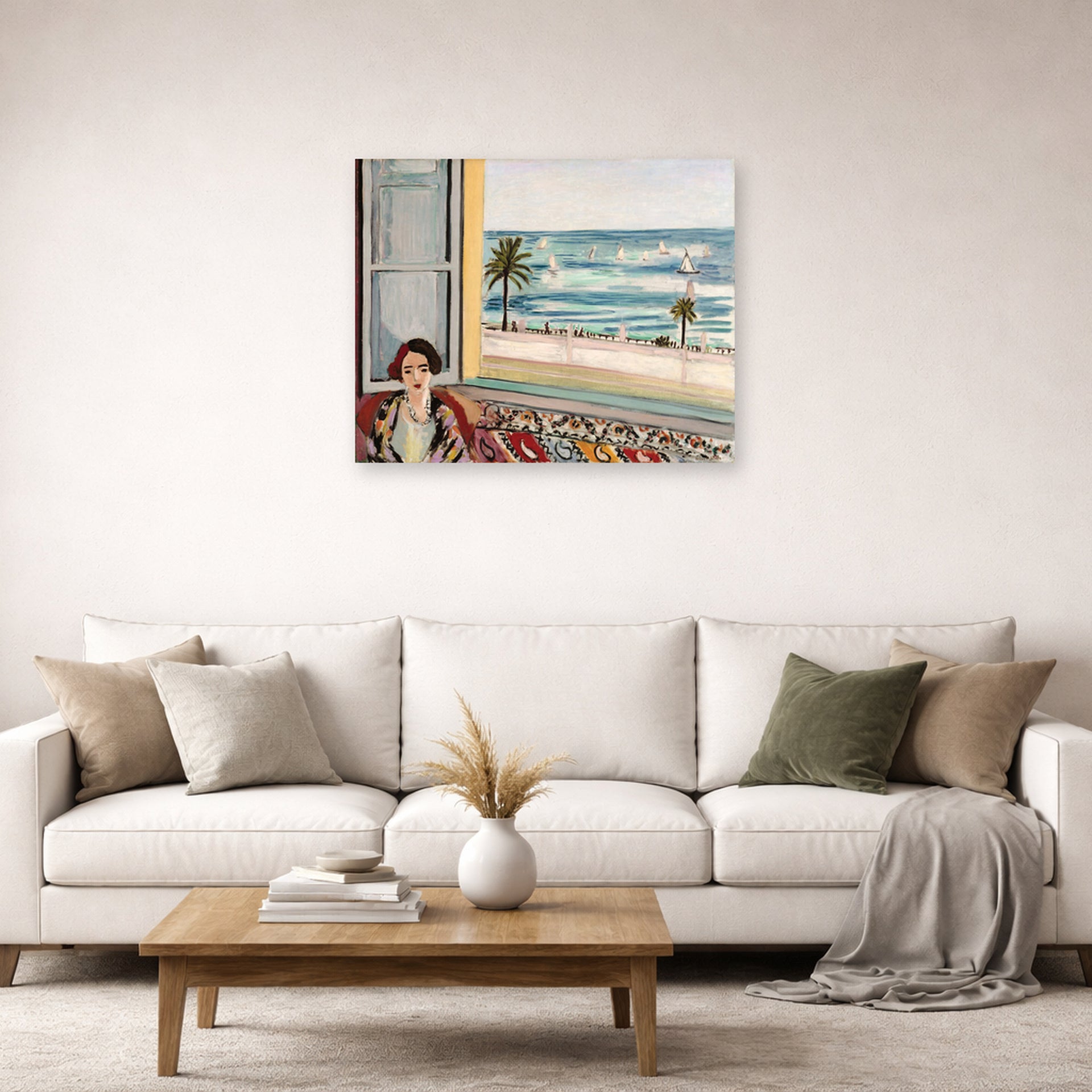 Unframed poster print of Henri Matisse's Seated Woman Back Turned to the Open Window displayed in a living room, view 2