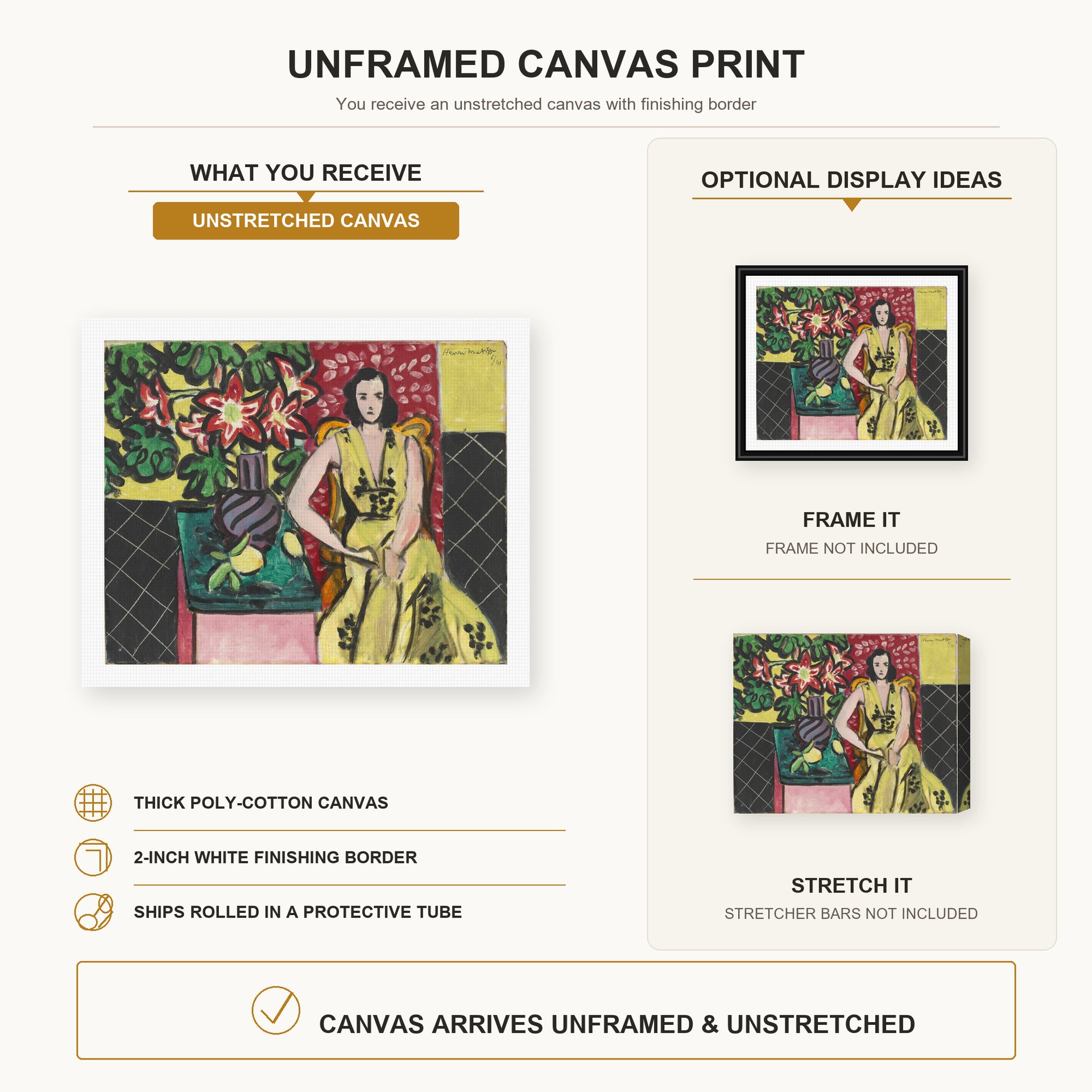 Henri Matisse - Seated Woman with a Vase of Amaryllis canvas print size comparison and framing display infographic