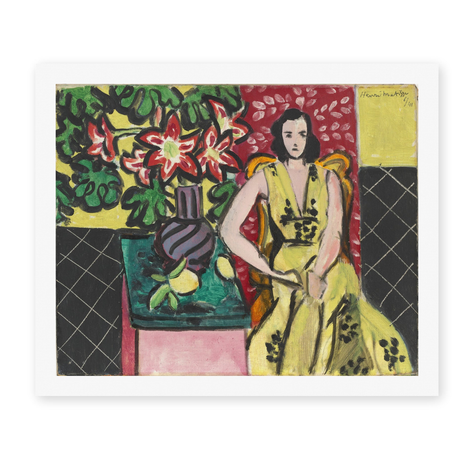 Henri Matisse's Seated Woman with a Vase of Amaryllis painting reproduced as a rolled canvas print
