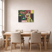Gallery-wrapped canvas print of Henri Matisse's Seated Woman with a Vase of Amaryllis hanging on a dining room wall