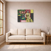 Gallery-wrapped canvas print of Henri Matisse's Seated Woman with a Vase of Amaryllis hanging in a living room, view 1