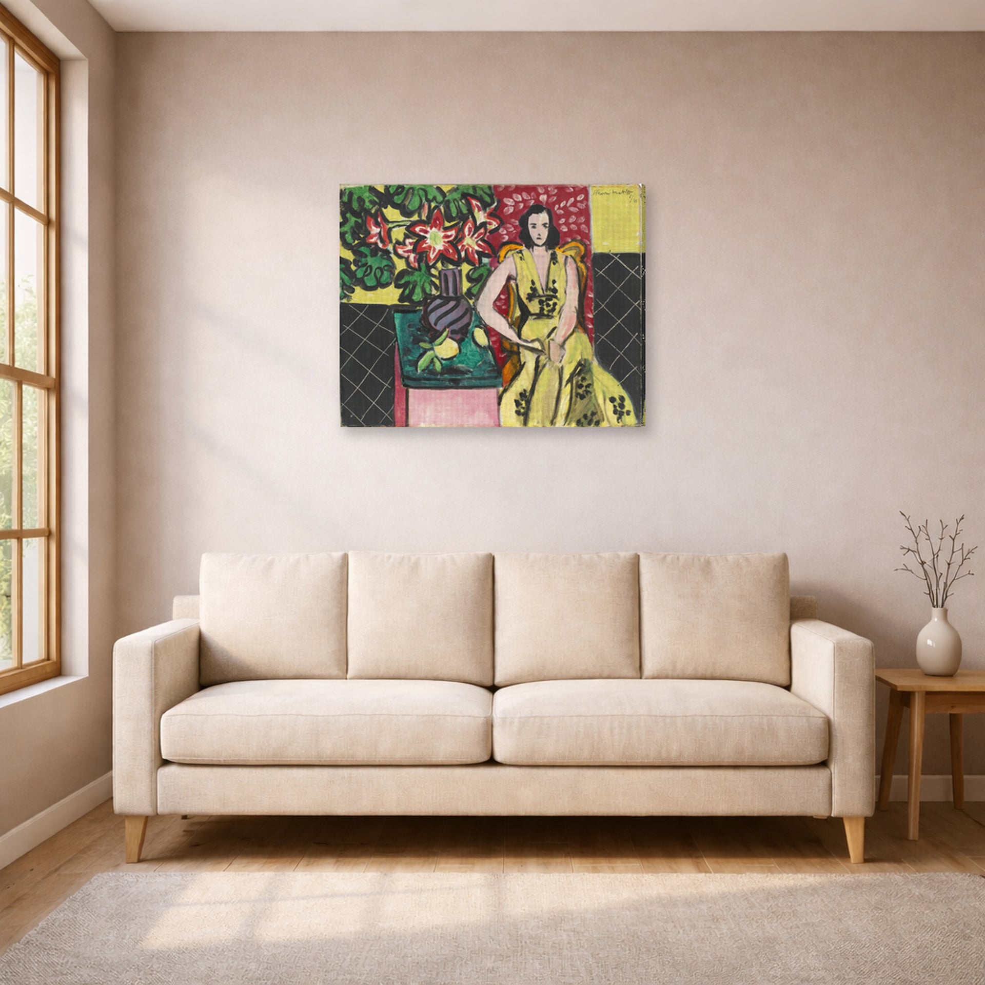 Gallery-wrapped canvas print of Henri Matisse's Seated Woman with a Vase of Amaryllis hanging in a living room, view 1