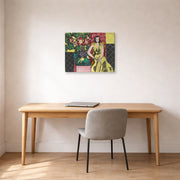 Gallery-wrapped canvas print of Henri Matisse's Seated Woman with a Vase of Amaryllis hanging in a home office