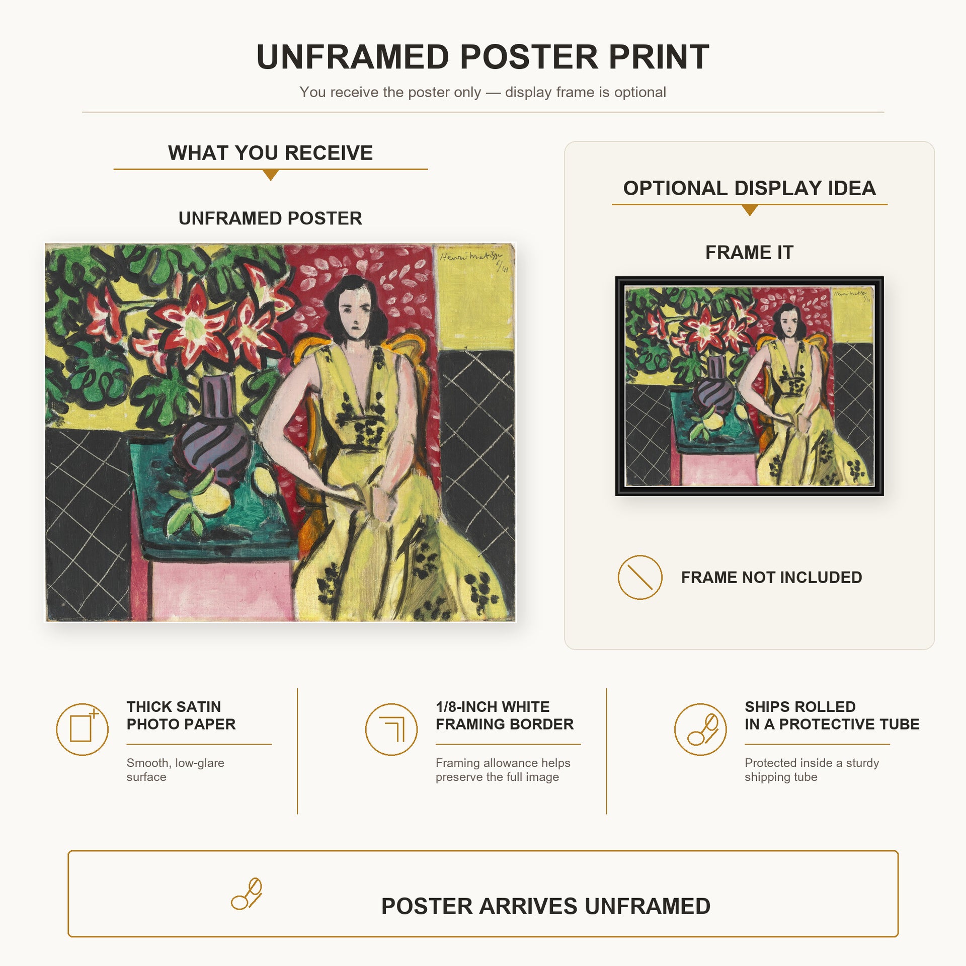 Henri Matisse - Seated Woman with a Vase of Amaryllis poster print size comparison display infographic