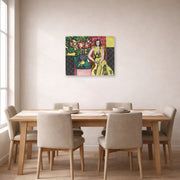Unframed poster print of Henri Matisse's Seated Woman with a Vase of Amaryllis displayed on a dining room wall