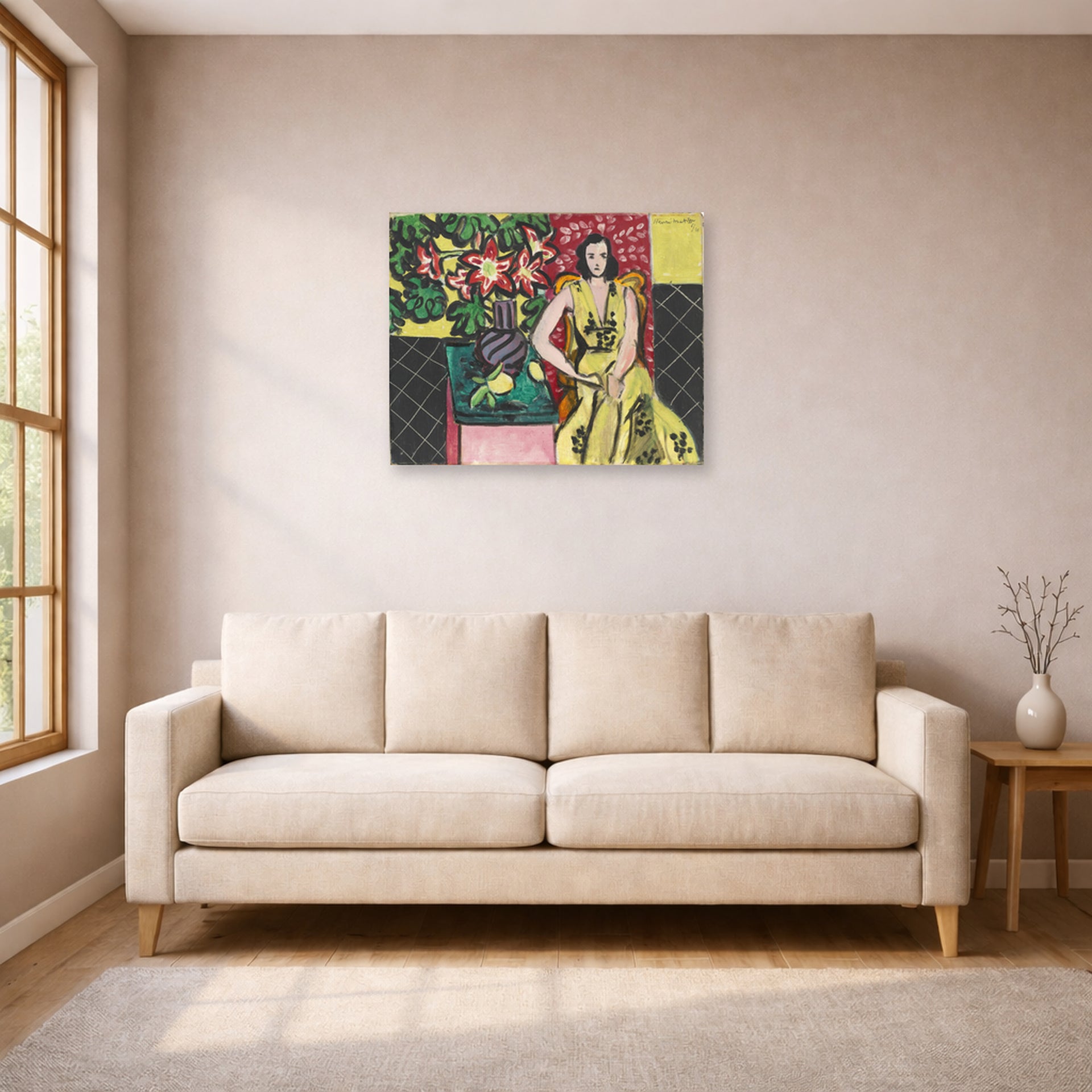 Unframed poster print of Henri Matisse's Seated Woman with a Vase of Amaryllis displayed in a living room, view 1