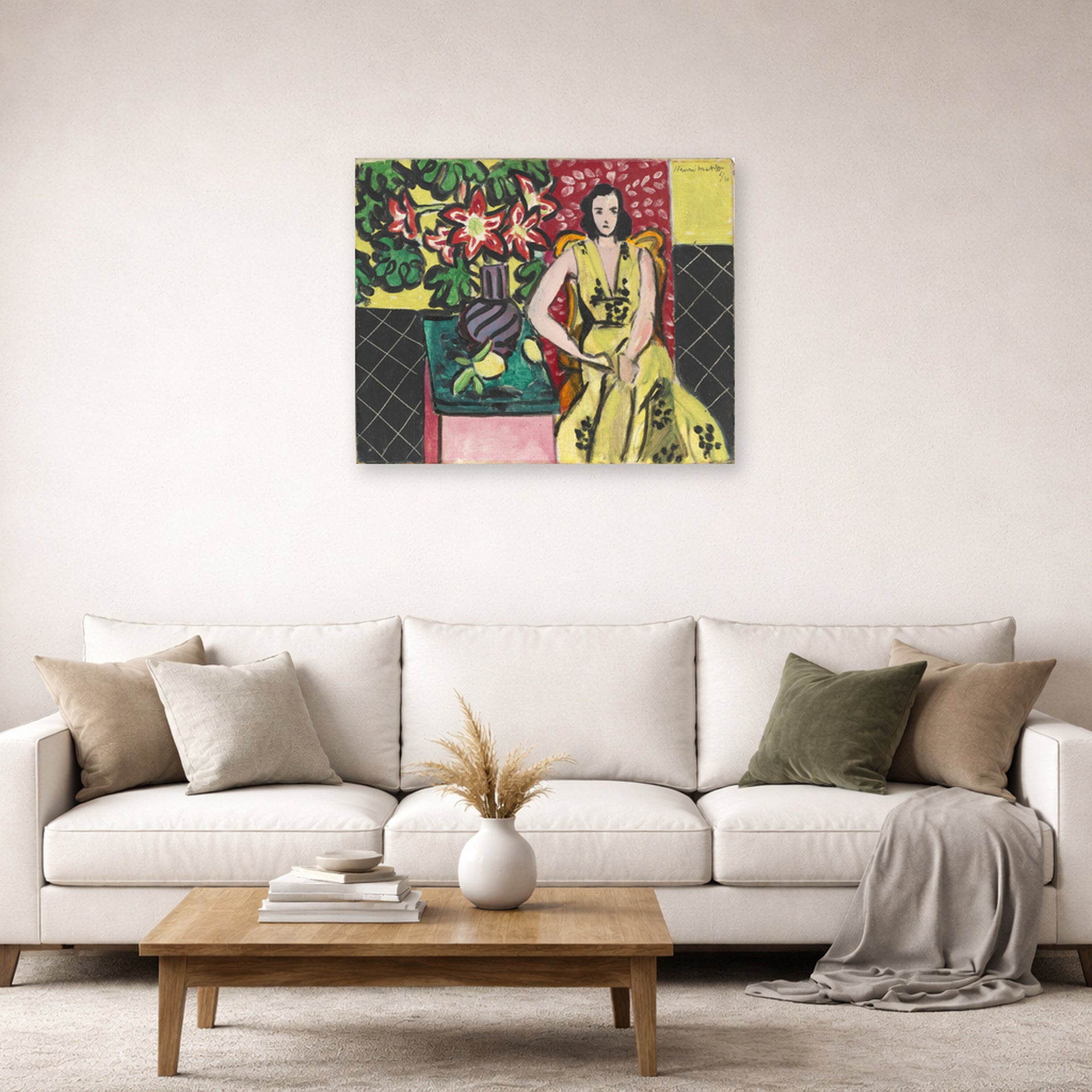 Unframed poster print of Henri Matisse's Seated Woman with a Vase of Amaryllis displayed in a living room, view 2