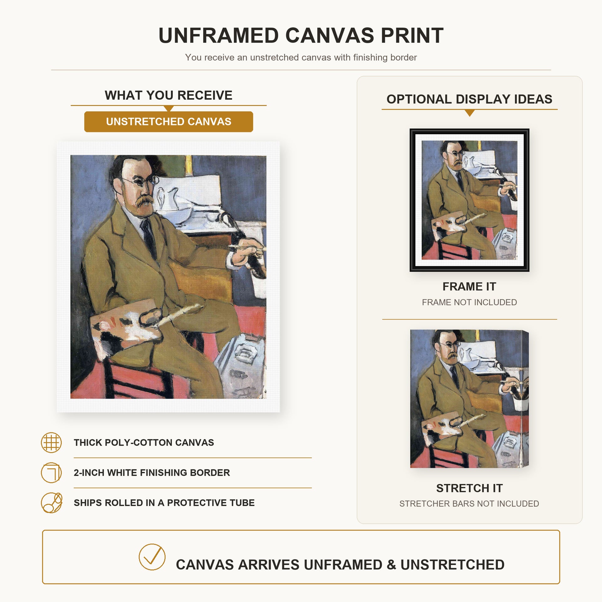 Henri Matisse - Self-portrait canvas print size comparison and framing display infographic