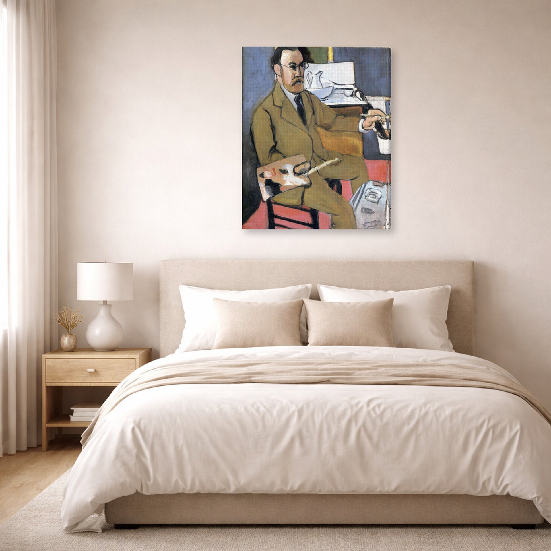 Gallery-wrapped canvas print of Henri Matisse's Self-portrait hanging above a bed in a bedroom