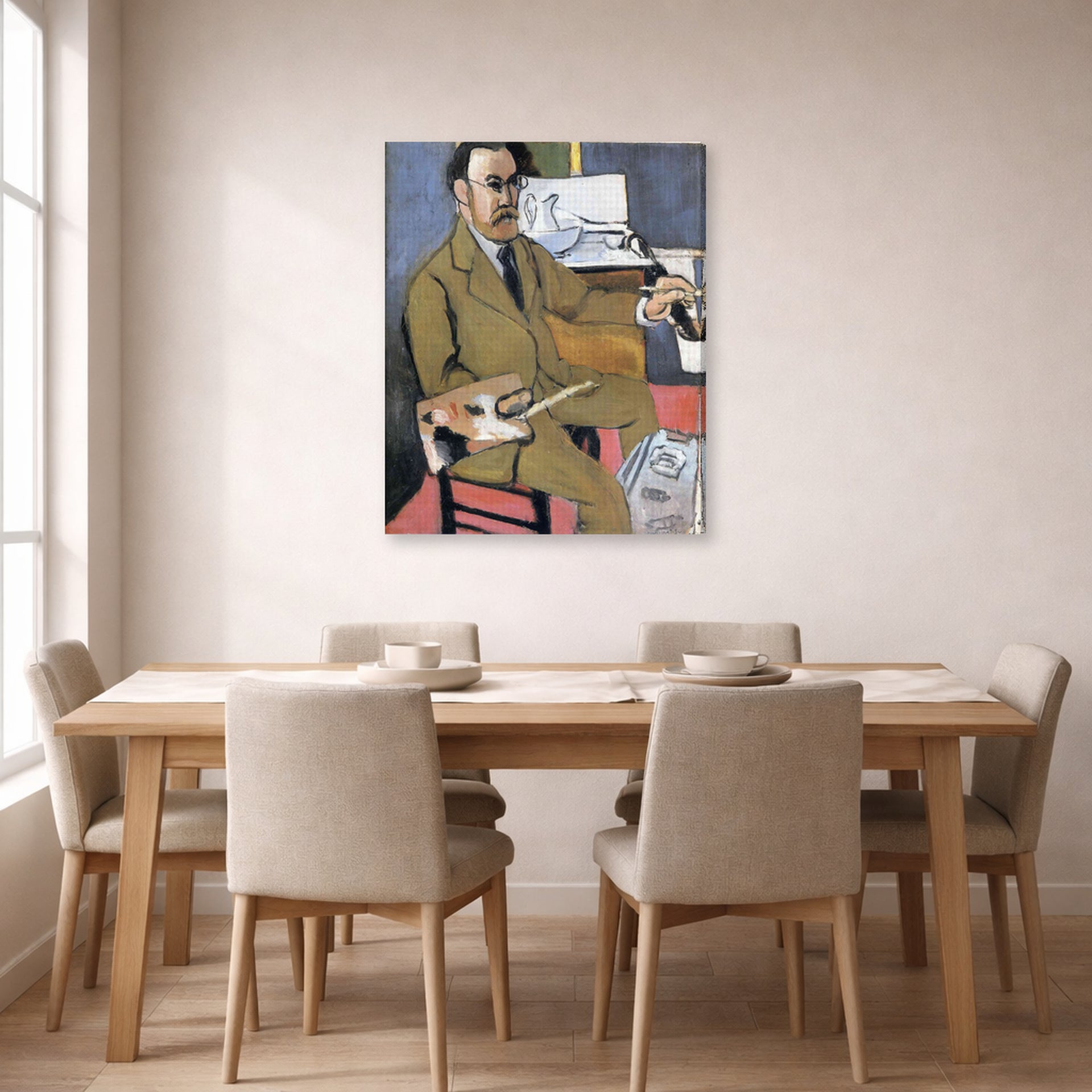 Gallery-wrapped canvas print of Henri Matisse's Self-portrait hanging on a dining room wall