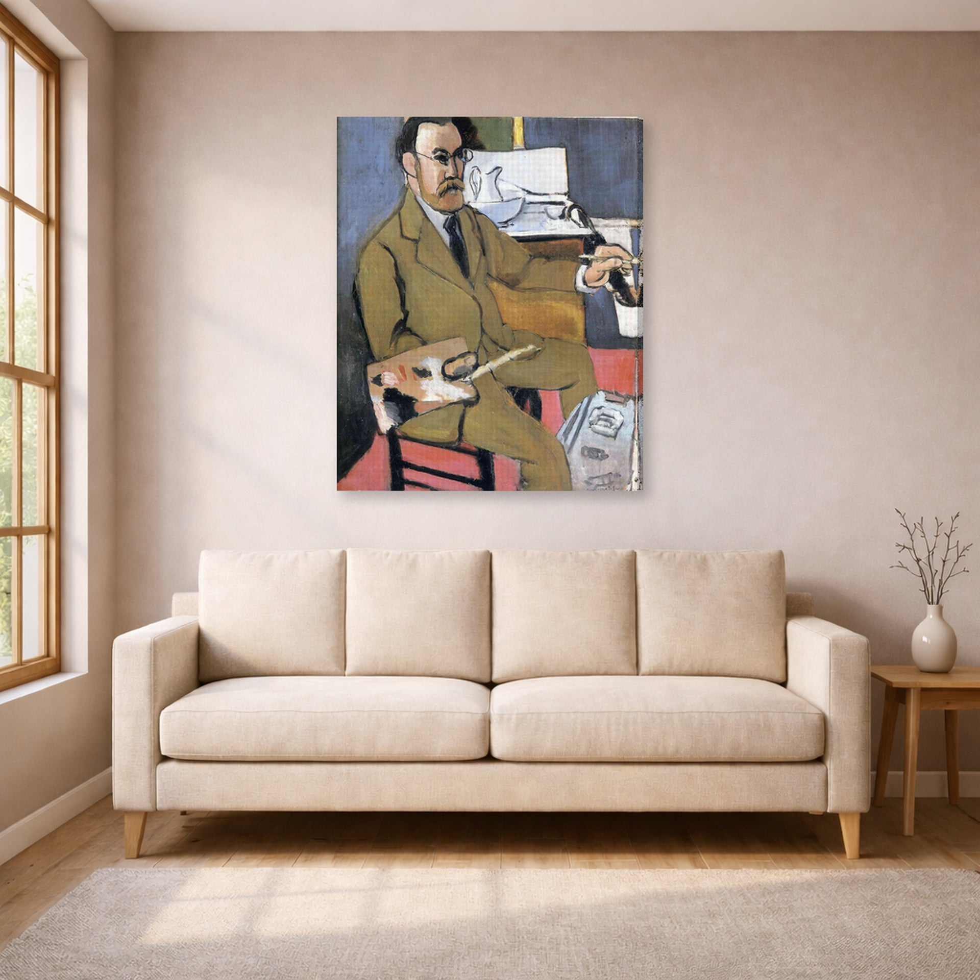 Gallery-wrapped canvas print of Henri Matisse's Self-portrait hanging in a living room, view 1