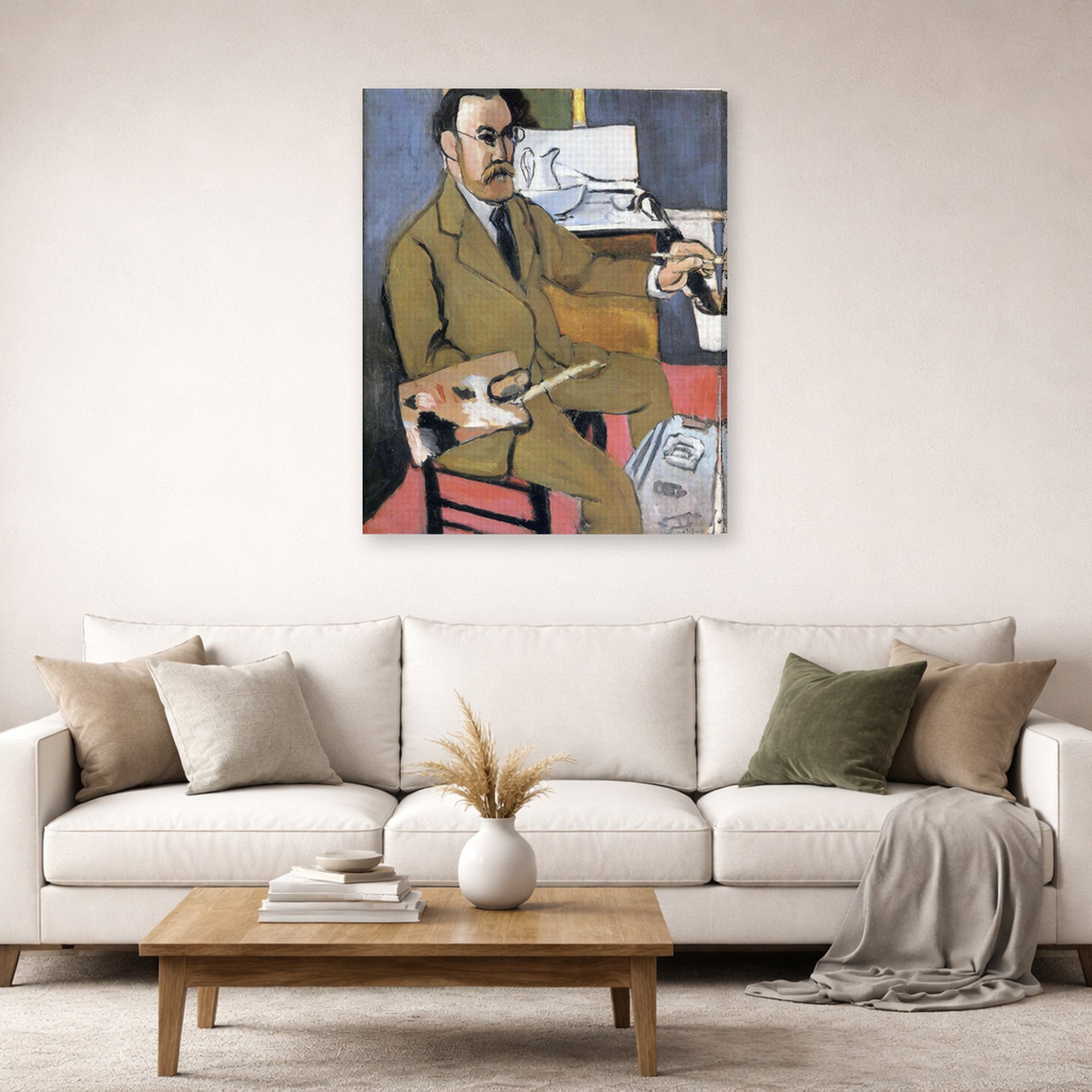 Gallery-wrapped canvas print of Henri Matisse's Self-portrait hanging in a living room, view 2