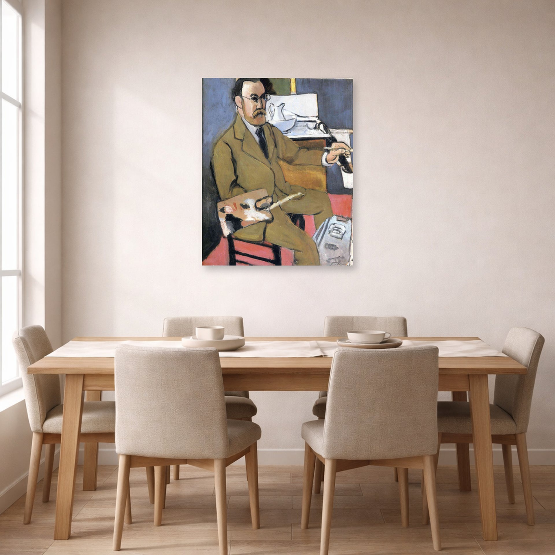 Unframed poster print of Henri Matisse's Self-portrait displayed on a dining room wall